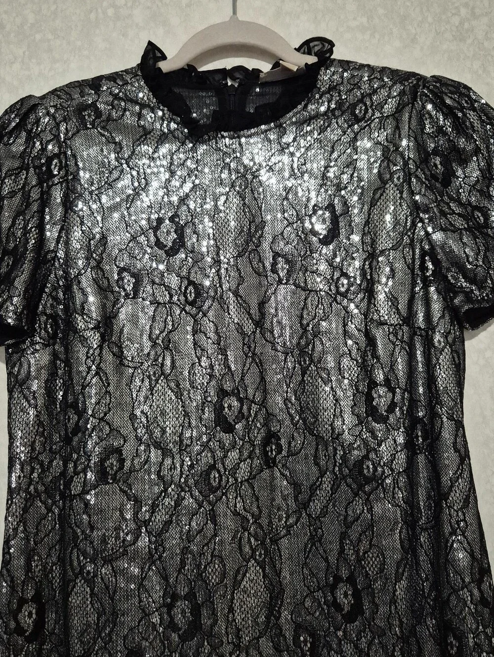 Michael Kors Silver Metallic Lace-Overlay Puff Sleeve Shift Dress-Size:L
